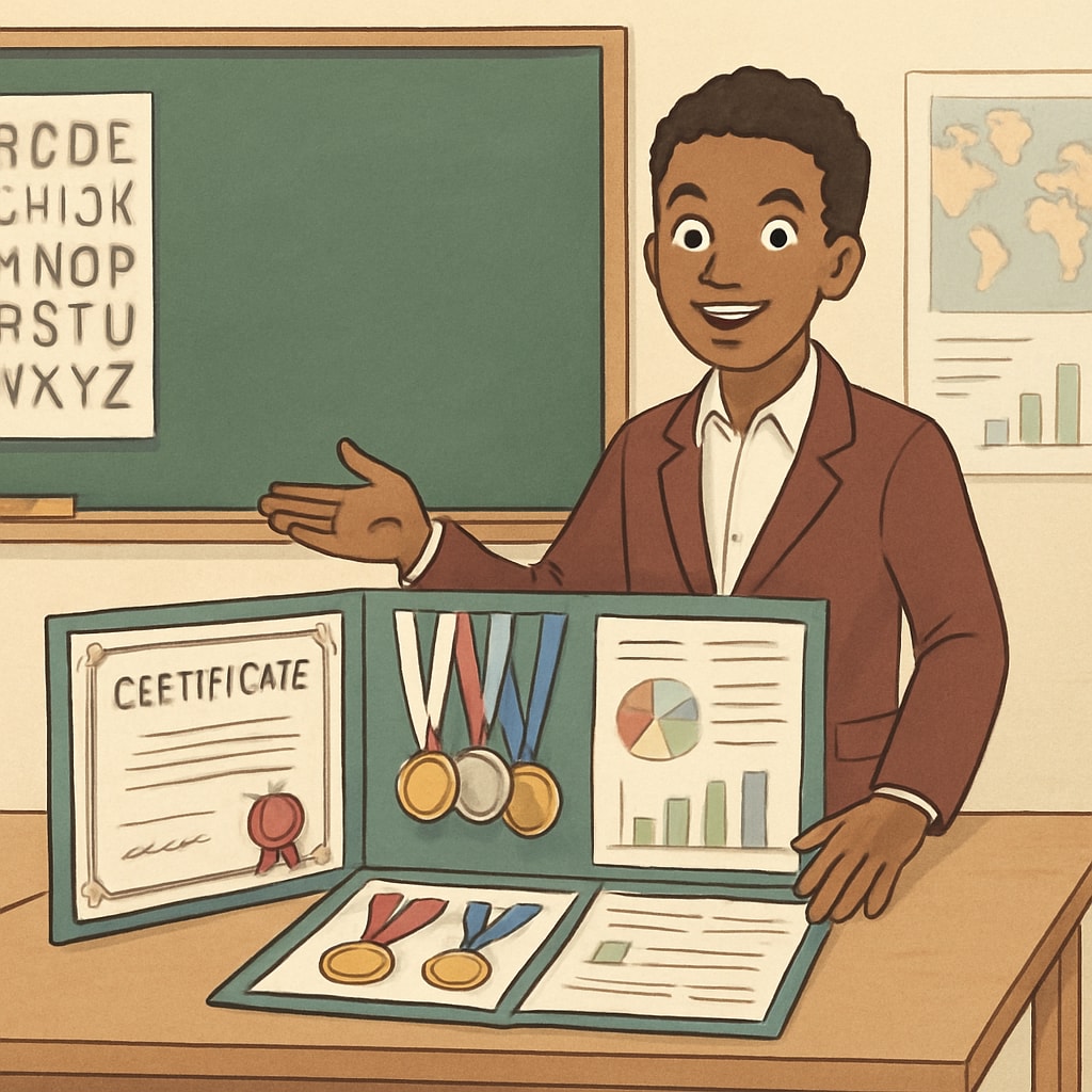 A confident student presenting a portfolio of extracurricular achievements, showcasing well-rounded strengths. A student highlighting extracurricular activities to strengthen their Harvard application.