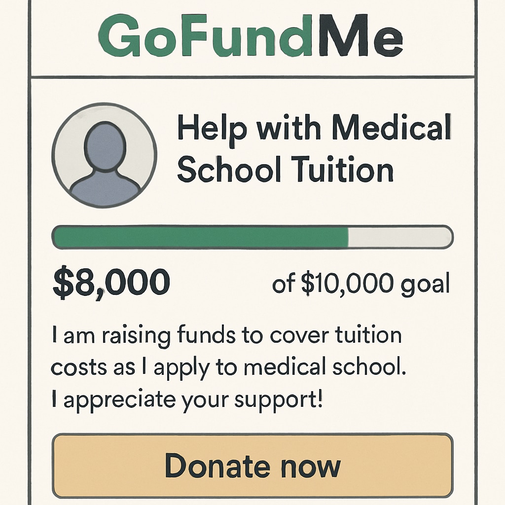 A screenshot of a successful GoFundMe campaign page for a student applying to medical school. Example of a successful GoFundMe campaign for tuition challenges and medical school applications.