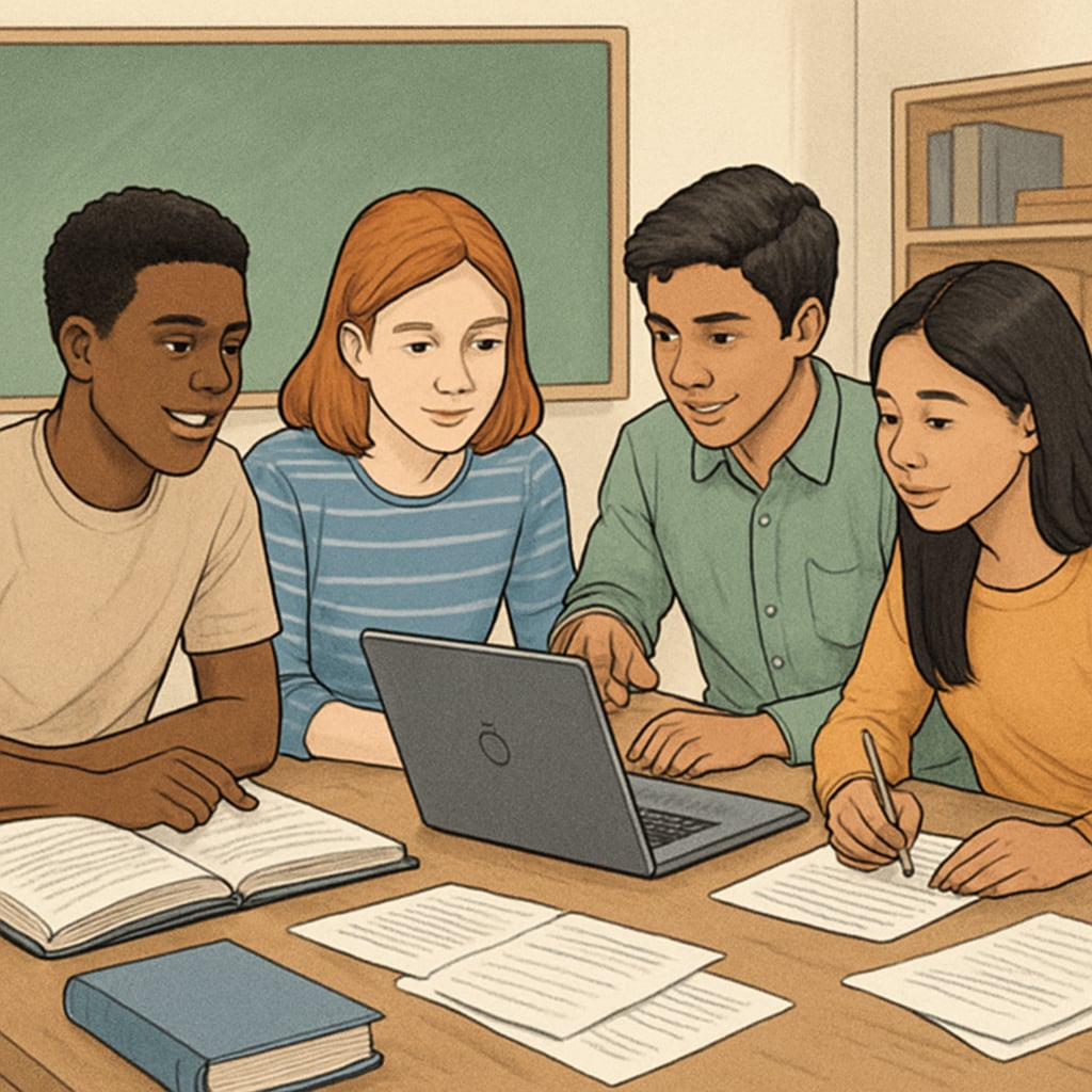 A group of diverse high school students working on a collaborative project, symbolizing college preparation. High school students collaborating on a project, emphasizing college readiness.