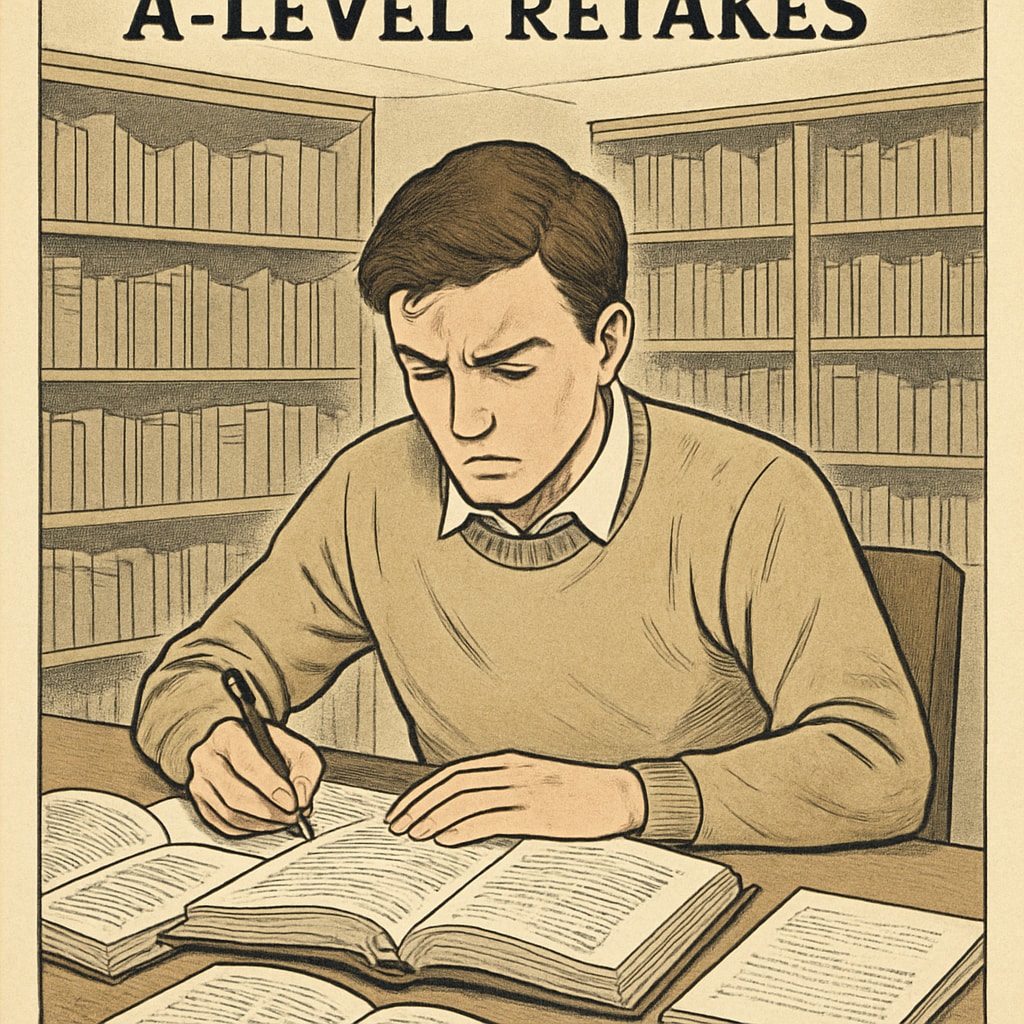 A student studying intensely for A-Level retakes in a library, symbolizing determination and focus. A-Level retake preparation with a focused student.