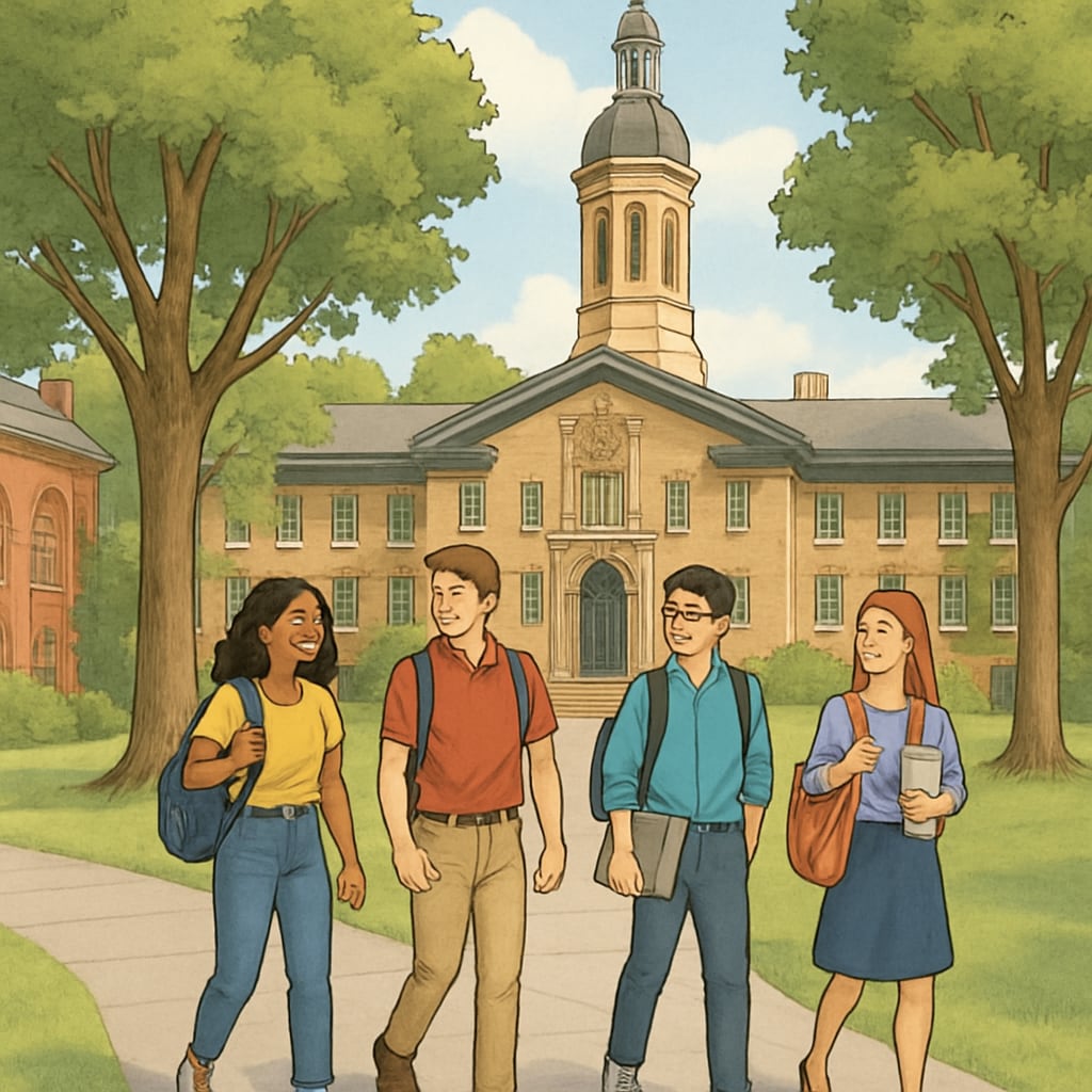 A group of students walking on Princeton University's campus, symbolizing the allure of Ivy League education. Students walking on Princeton campus, representing Ivy League prestige.