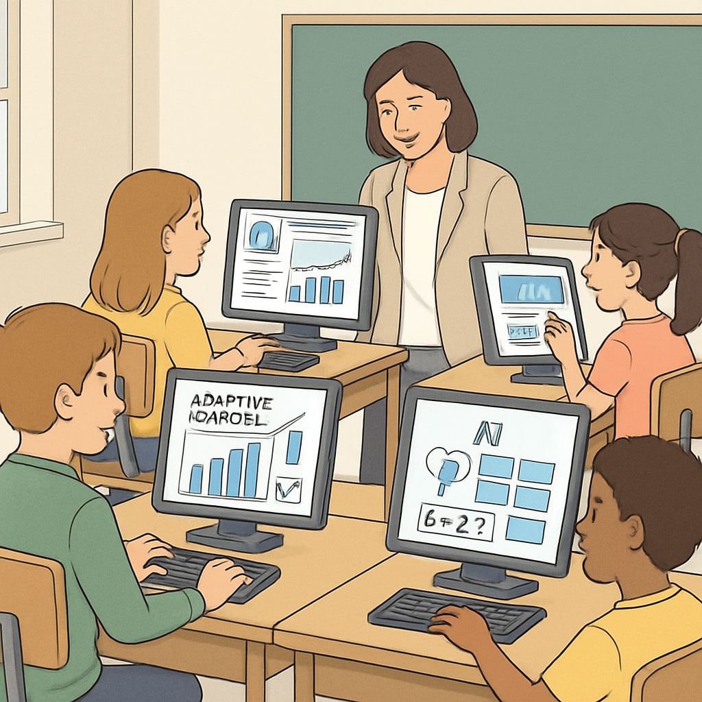 Students engaging with AI-driven adaptive learning platforms in a classroom, showcasing technology's role in personalized education. Students using AI adaptive learning tools in a classroom setting for personalized education.
