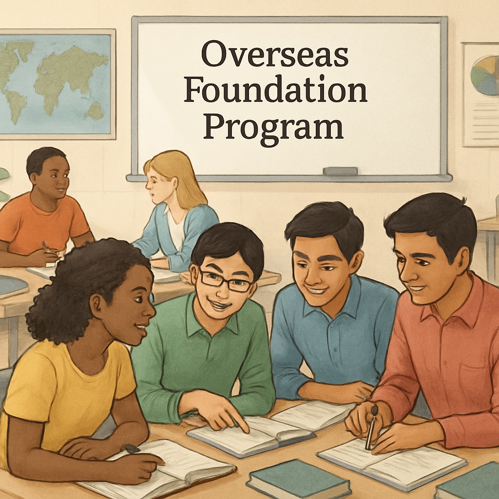 A diverse group of students in an overseas foundation program classroom, engaged in collaborative learning. International students in a foundation year program.