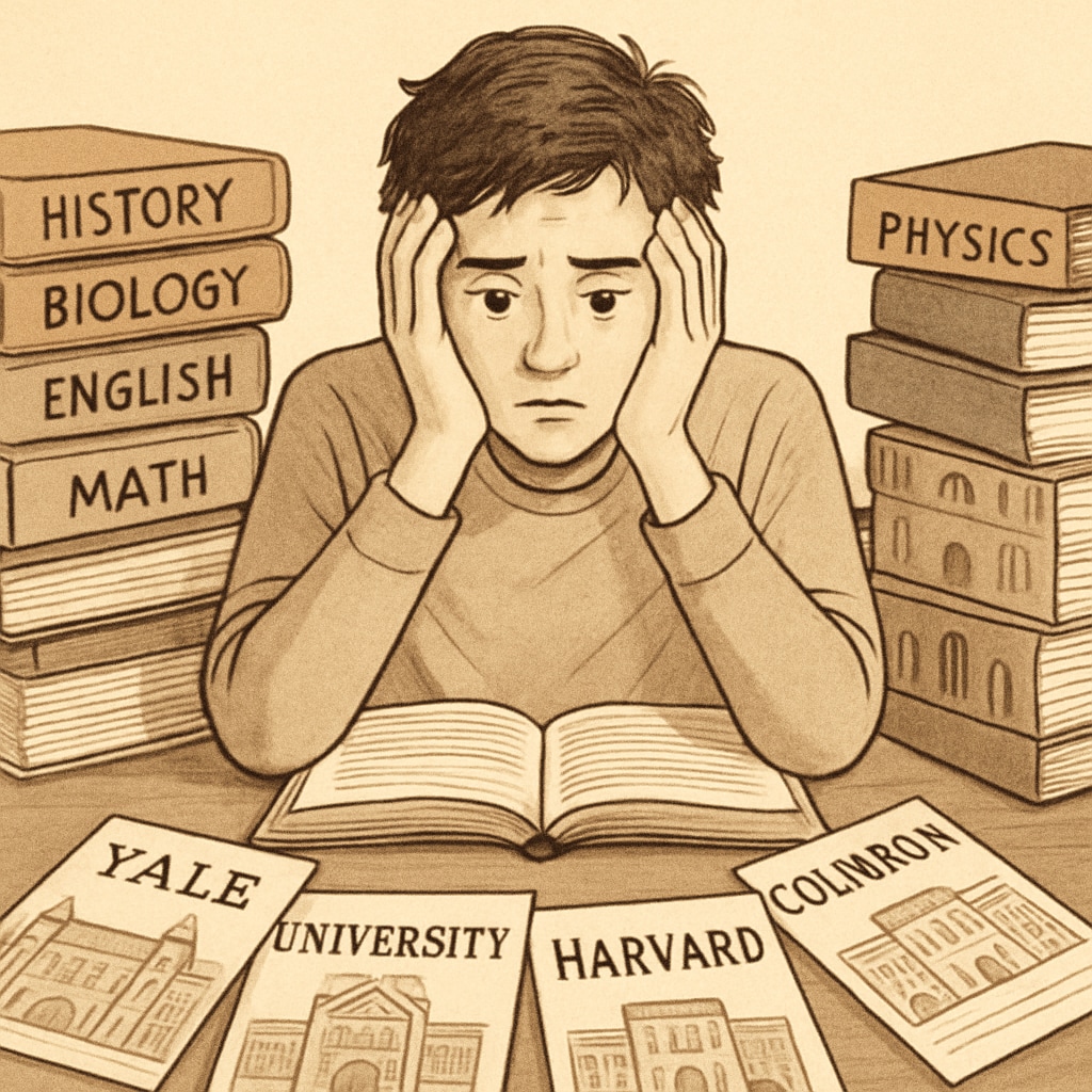 A stressed high school student surrounded by textbooks and college brochures, illustrating the pressure of Ivy League aspirations. High school student grappling with Ivy League pressures.