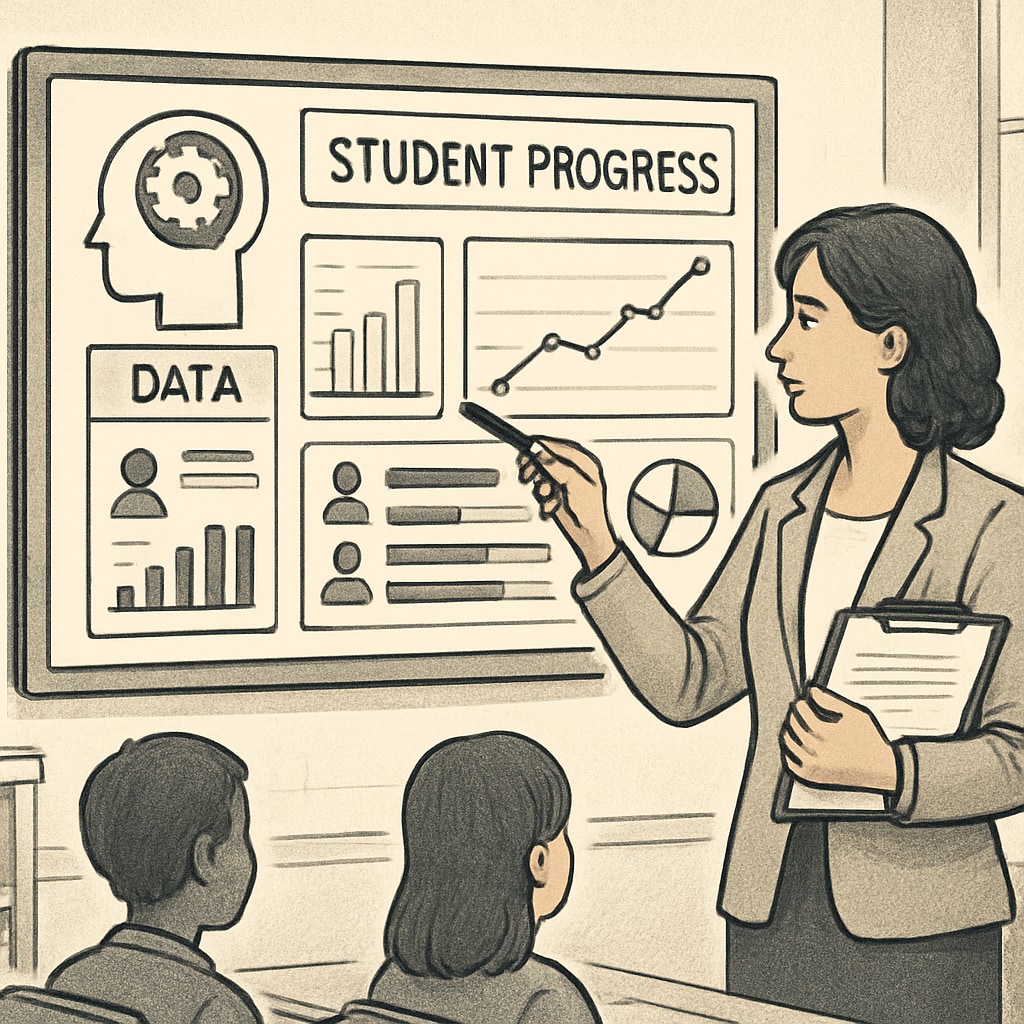 A teacher analyzing student progress using AI tools on a digital dashboard, emphasizing the synergy between educators and technology. Teacher utilizing AI tools to monitor student learning progress and provide tailored guidance.