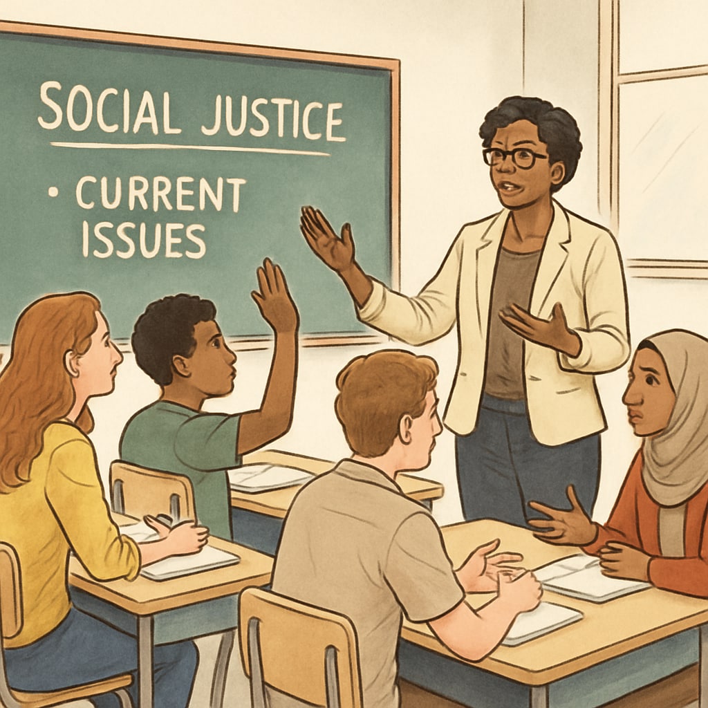 A classroom where students and teachers are engaged in a discussion about social justice and current issues. Students discussing social justice in a classroom setting, highlighting wokeness in schools.