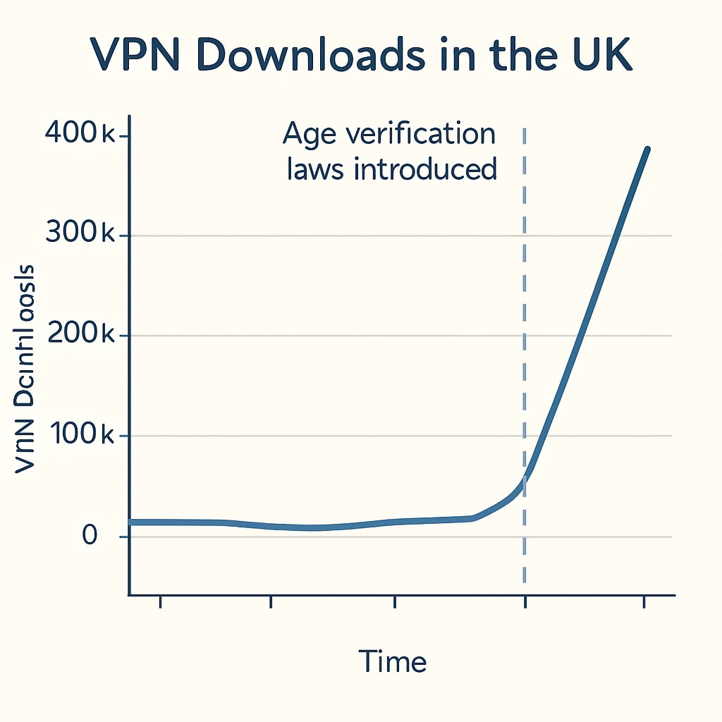 A chart showing the rise in VPN downloads in the UK following the implementation of age verification laws. Chart illustrating the increase in VPN use due to UK age verification laws.