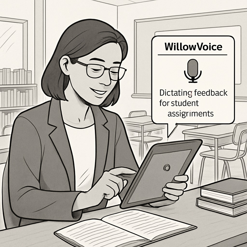 A teacher dictating feedback using WillowVoice in a modern K12 classroom.