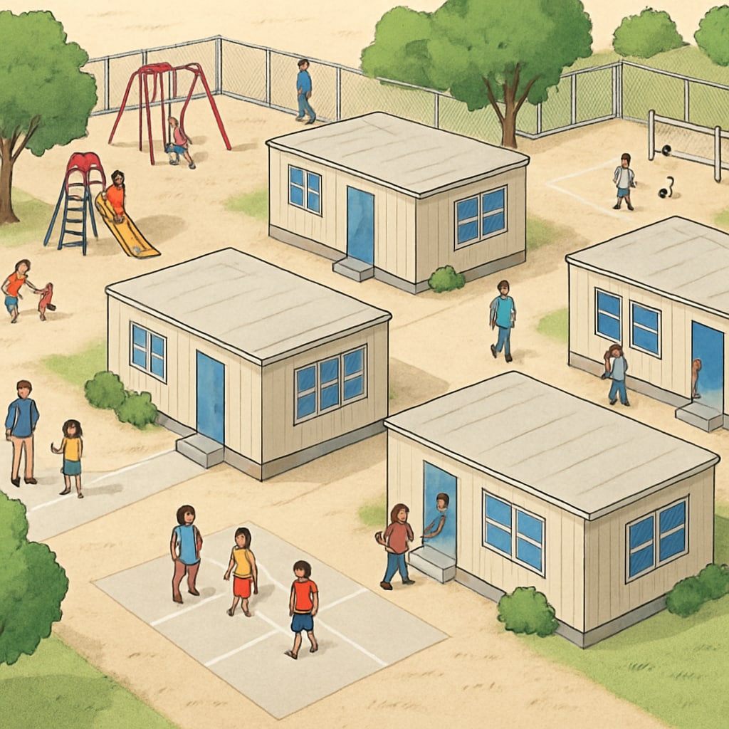 A temporary school setup with portable classrooms and limited play areas Temporary school campus environment showing portable classrooms and minimal infrastructure