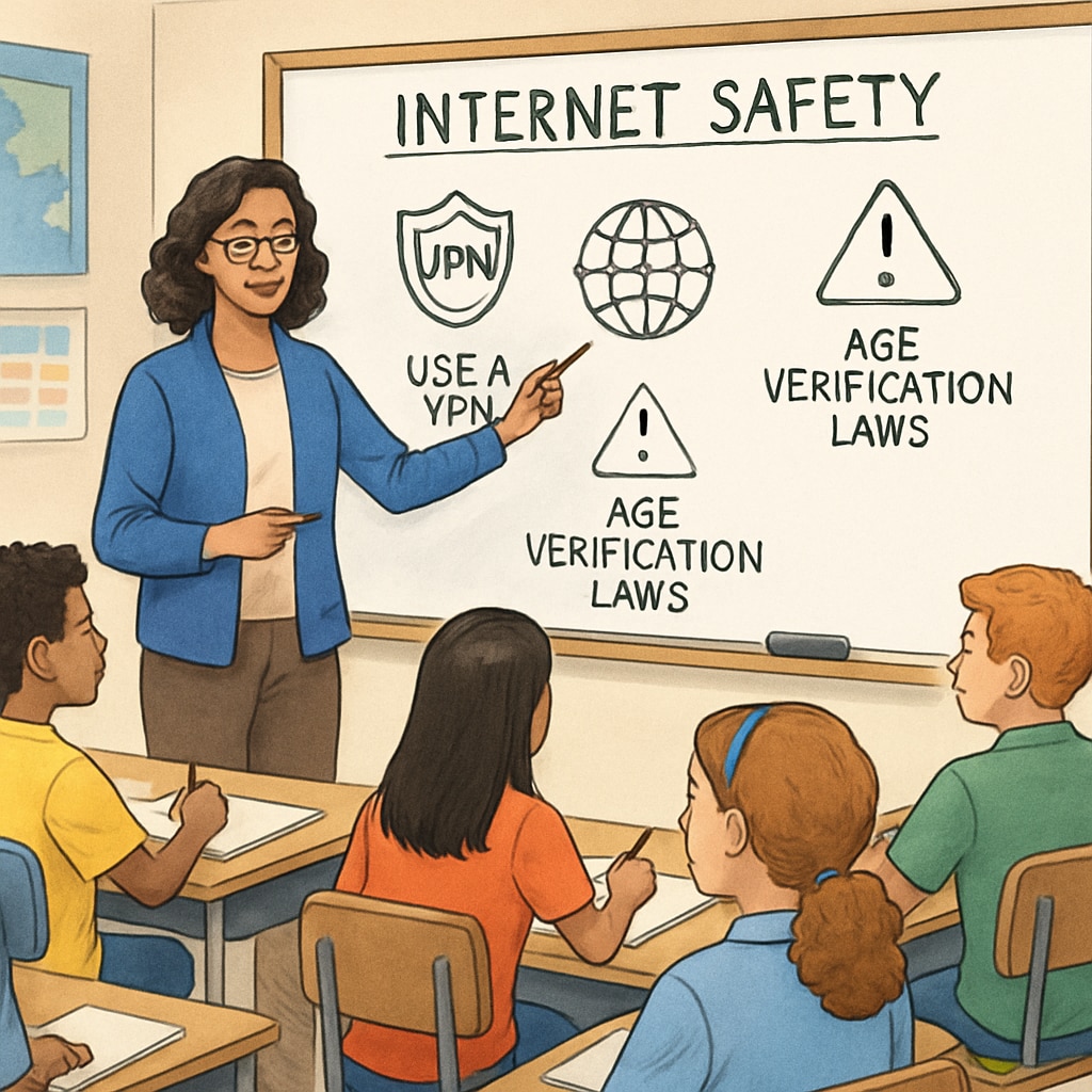 A classroom setting where a teacher is discussing internet safety with students, with a focus on VPNs and age verification laws. Teacher explaining internet safety, including VPNs, to students in a classroom.