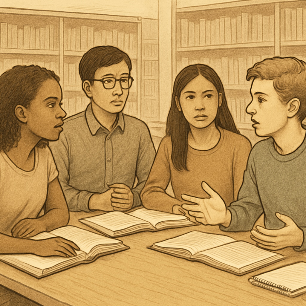 A group of diverse students in a library discussing the inclusion of social justice themes in their textbooks. Students evaluating textbooks for social justice themes, representing wokeness in curriculum design.