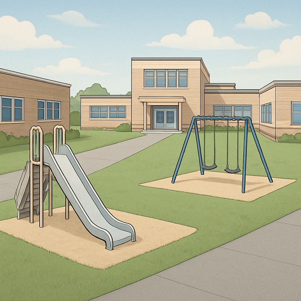 A school playground with minimal equipment set up in a transitional campus School playground with minimal equipment reflecting temporary relocation challenges