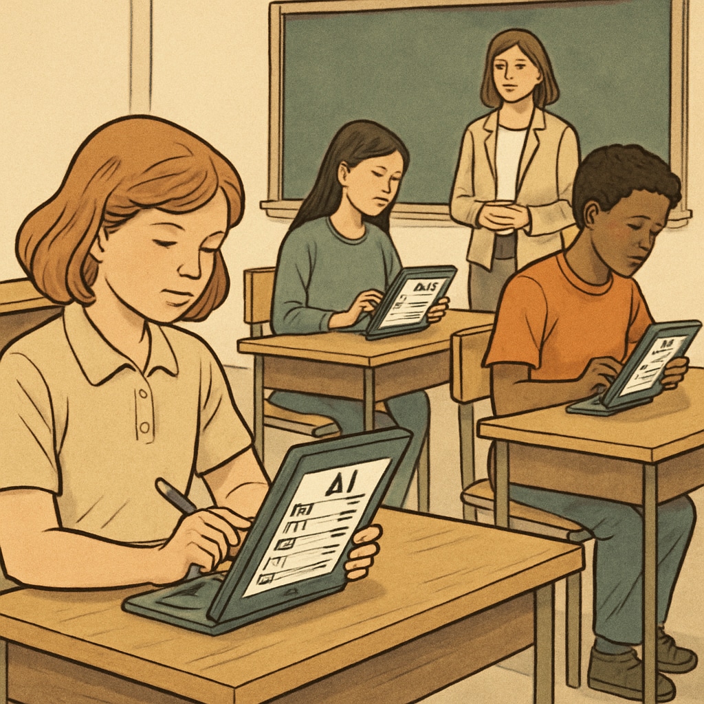 A classroom with students using AI-powered tablets during an exam, highlighting the integration of AI in education. Students using AI-powered tablets during a competitive exam in K12 education.