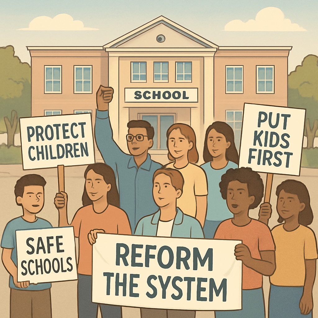 Community rally outside a school to demand the removal of a board member with a history of child abuse.