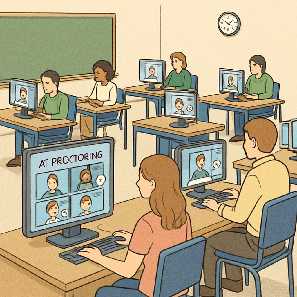 An AI-proctored exam setup with students seated individually, showcasing fairness and technological integration. AI-proctored competitive exam setup for K12 students.