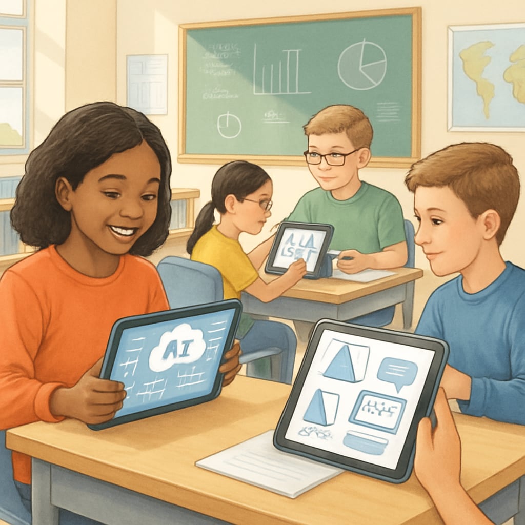 A classroom scene with students using AI-powered educational tools on tablets. A classroom where students engage with personalized AI learning tools.