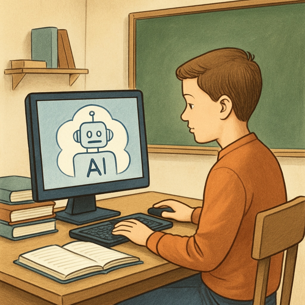 A student sitting in front of a computer, symbolizing the integration of AI into modern education. A student using technology in education, representing AI’s impact on exams.