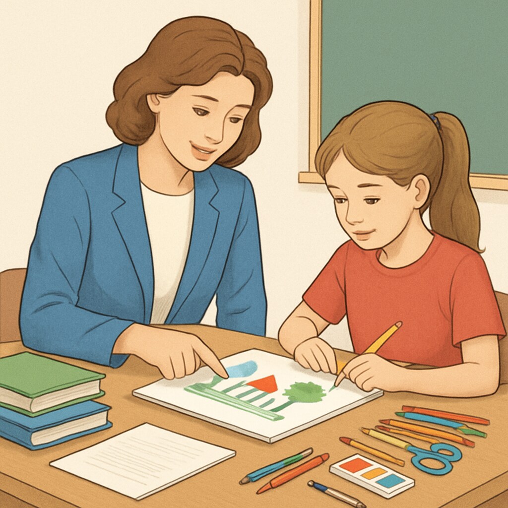 A teacher working one-on-one with a student, helping them explore a creative project. Teacher assisting an ADHD student with a creative project in school.