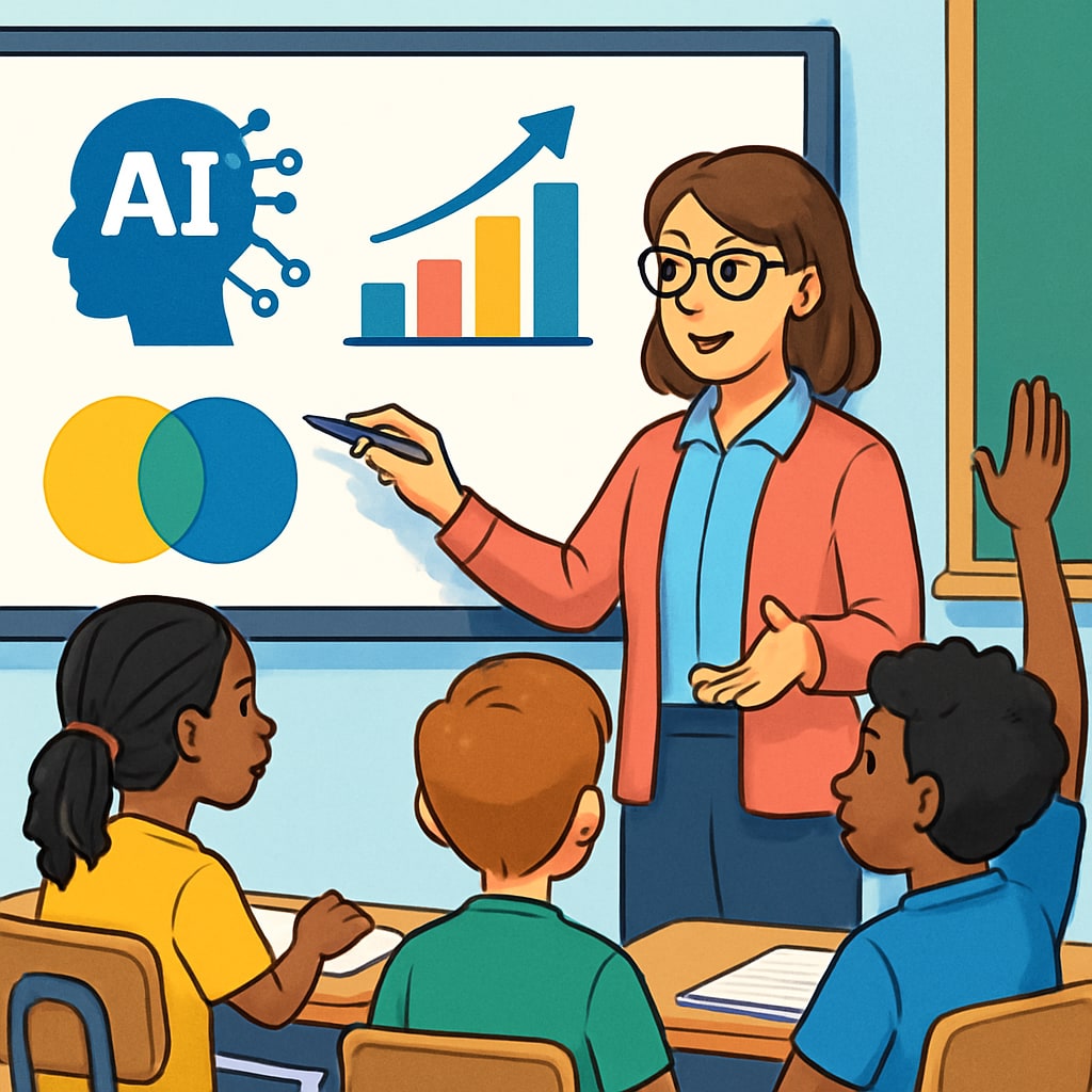 A teacher collaborating with an AI-powered smartboard to deliver an interactive lesson. A teacher using AI technology to enhance classroom teaching.
