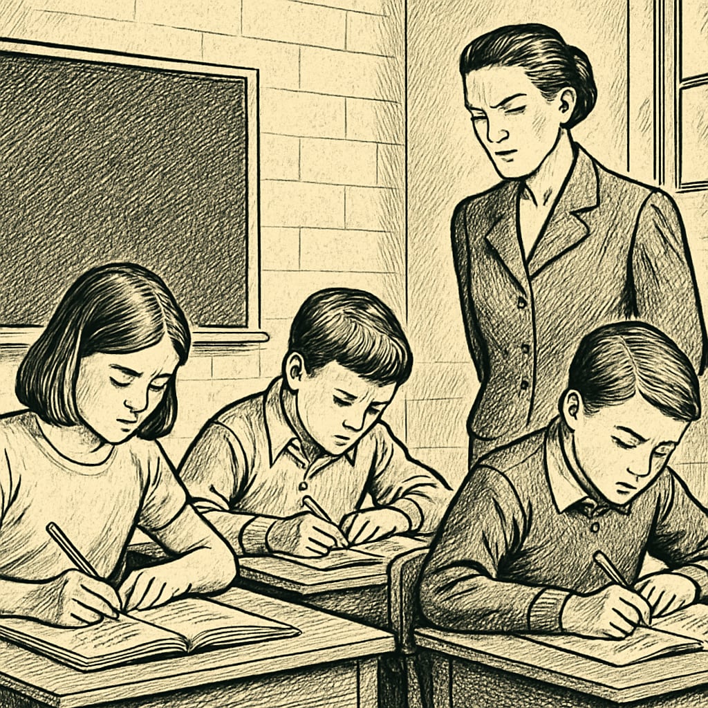 A classroom with a teacher closely monitoring students, symbolizing strict educational methods. A teacher overseeing students in a classroom, representing strict methods in education extremes.