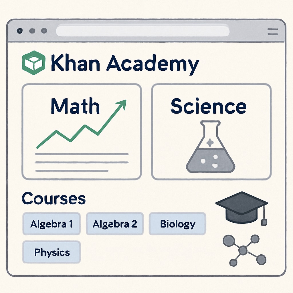 A screenshot of the Khan Academy homepage showcasing its math and science resources. Khan Academy's math and science learning resources.