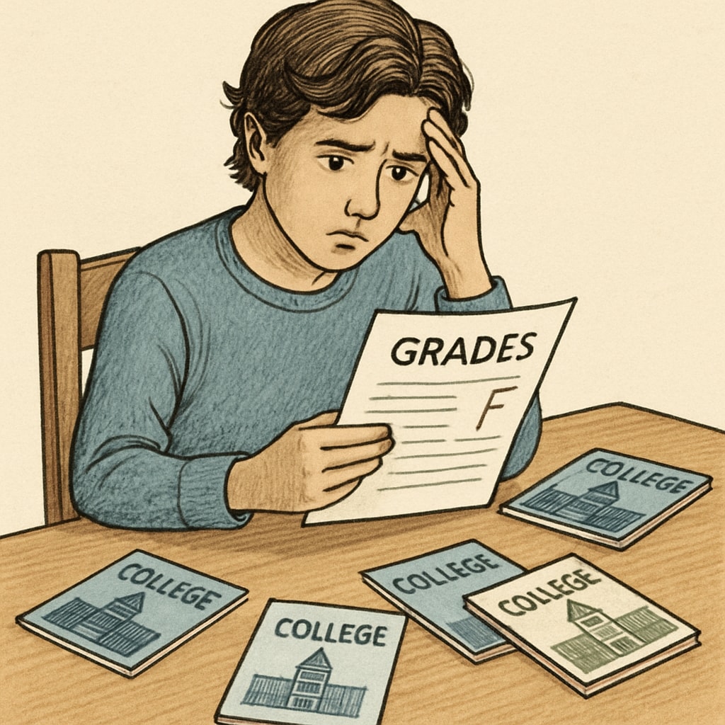 A student reviewing their grades with a concerned expression, sitting at a desk with college brochures. Concerned student reviewing grades for Harvard University application.