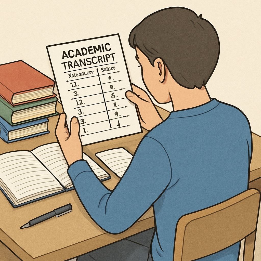A student reviewing their academic transcript with a focus on improvement. The image conveys the process of self-assessment and planning for future success. A student reviewing their academic transcript for Harvard application preparation.