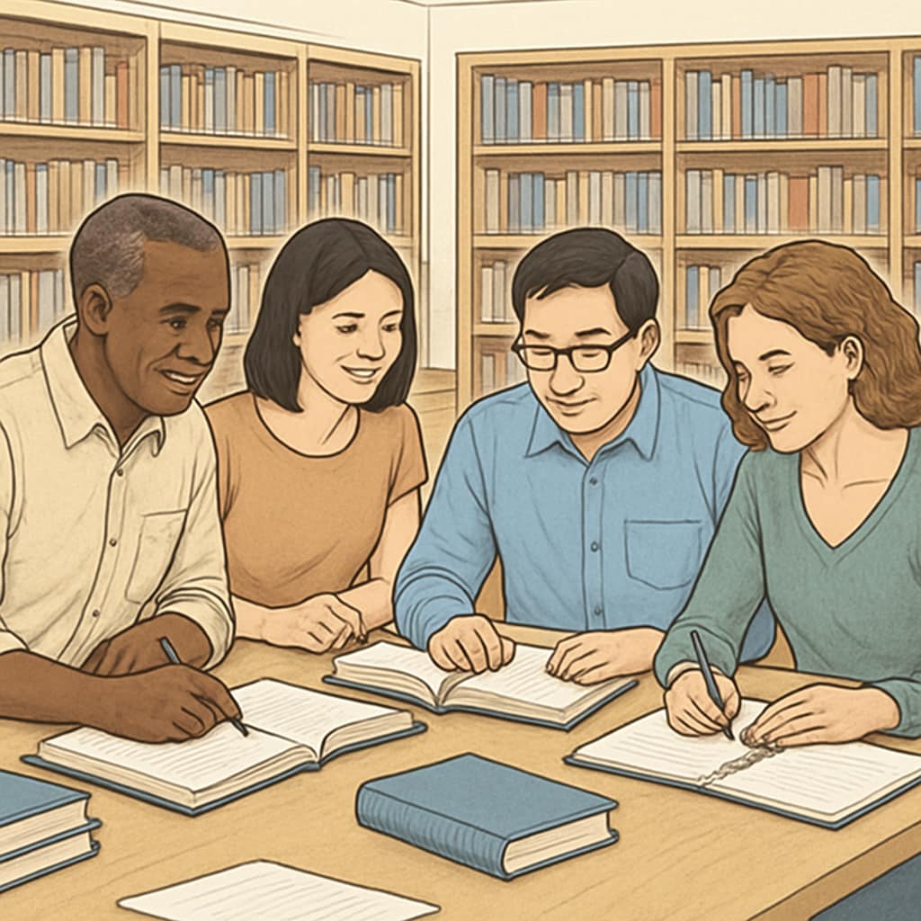 A group of adult learners studying together in a library, highlighting collaborative learning. Adult learners collaborating on math and science prep in a library.
