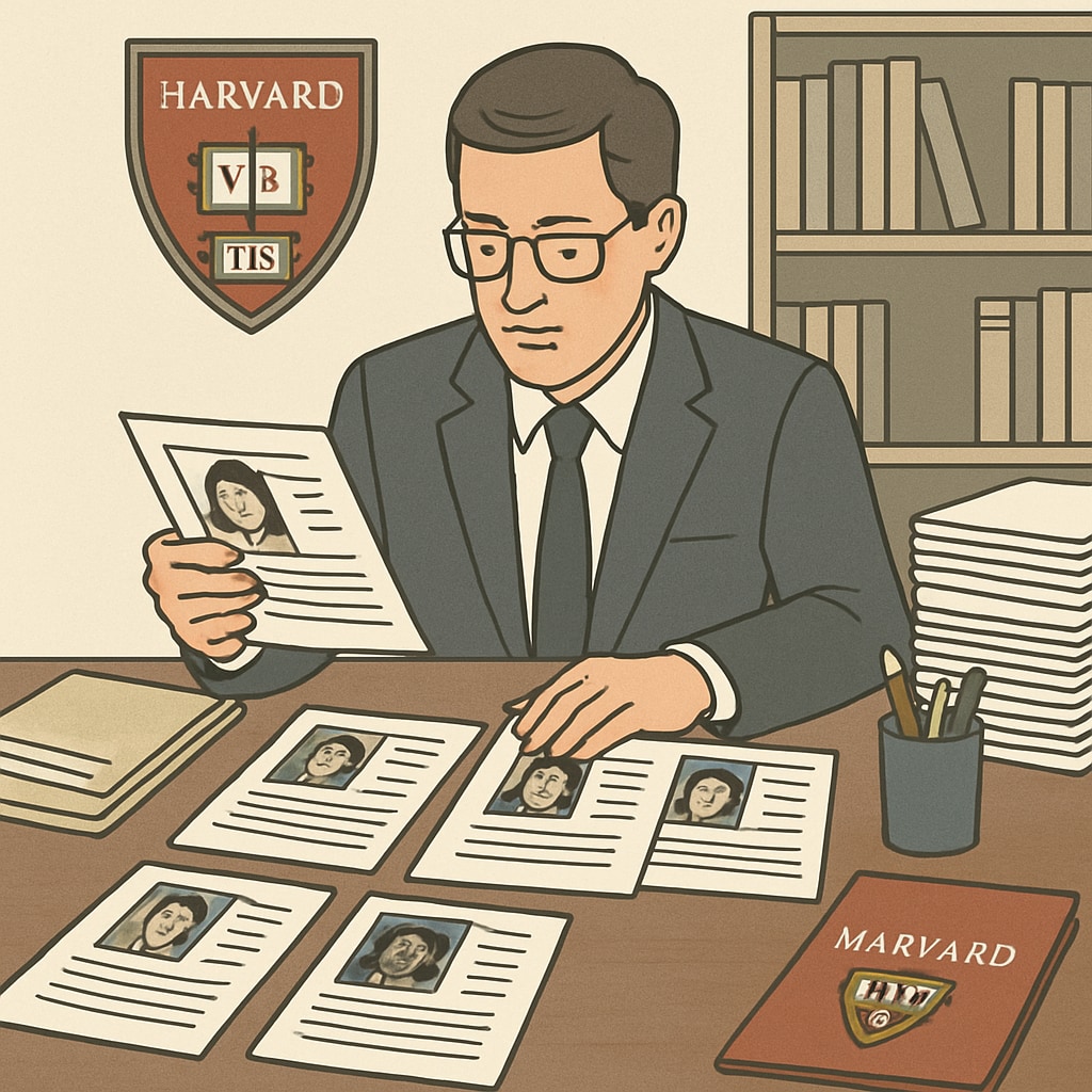 A college admissions officer reviewing applications on a desk filled with student profiles. The image reflects the thorough and holistic review process of Harvard's admissions team. A college admissions officer reviewing student applications for holistic evaluation.
