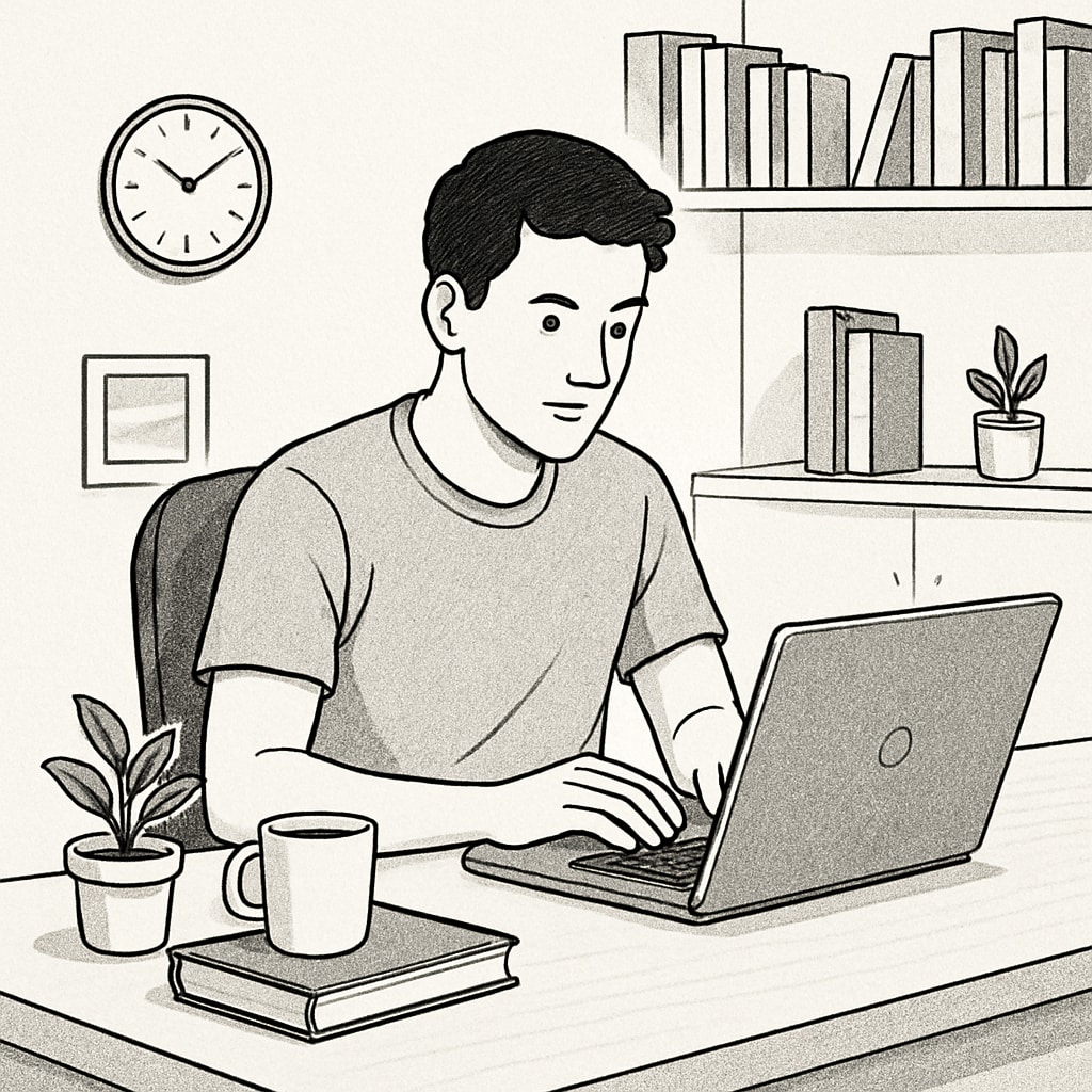 A student working on a laptop in a home office, representing the flexibility of online master’s programs in computer science. Online master’s in computer science student working on a laptop.