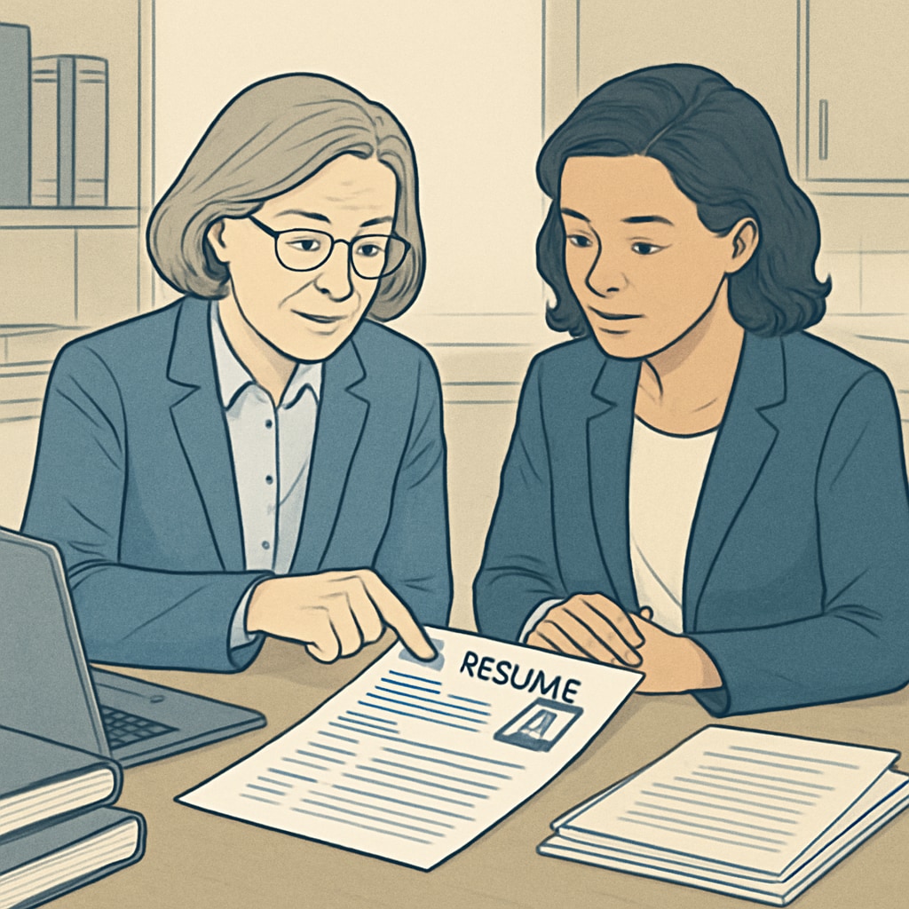 A teacher reviewing a resume with a colleague, emphasizing key points for improvement. A teacher discussing resume tips for Canadian K-12 education jobs.