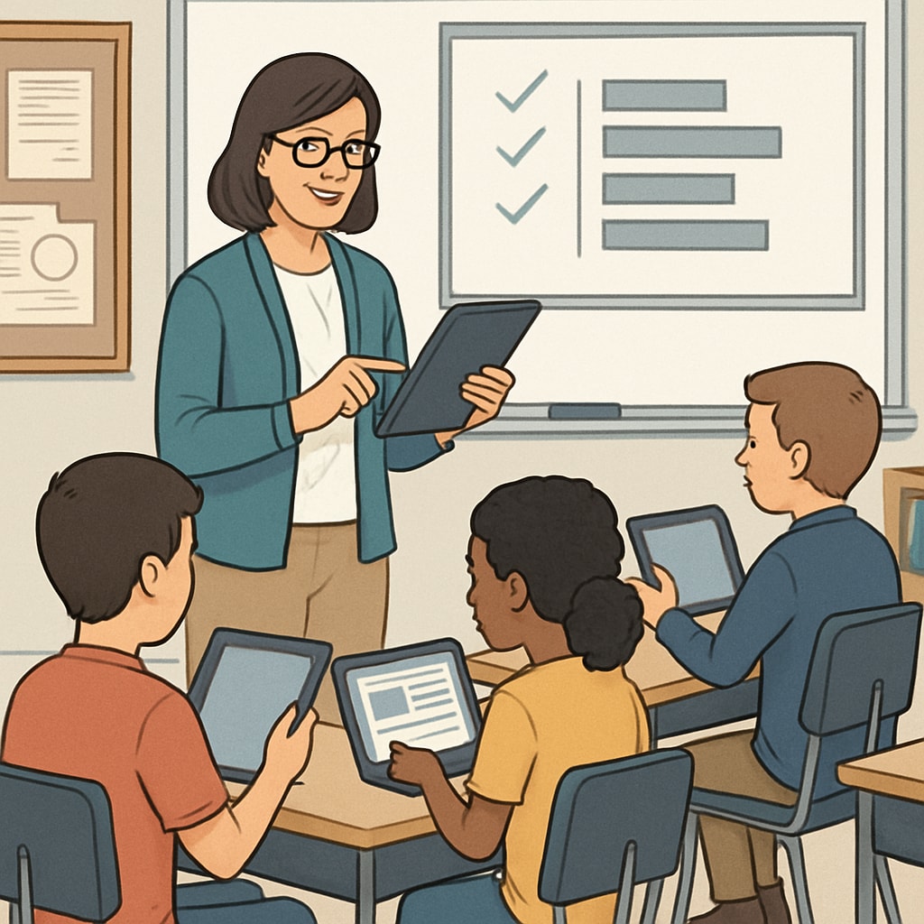 A teacher assessing students in a classroom environment using digital tools. Teacher using digital tools for student assessment in a classroom.