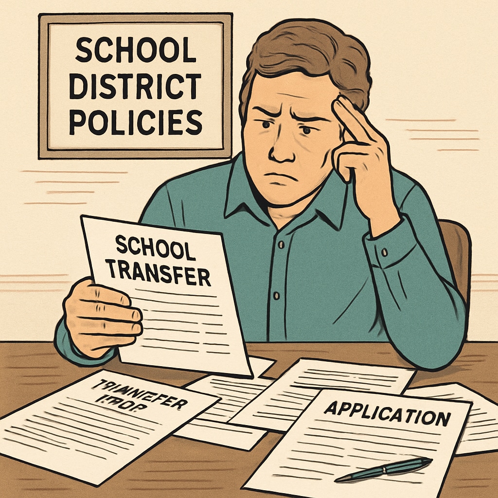 A concerned parent reviewing school transfer documentation, illustrating the challenges of district interference. Parent reviewing school transfer paperwork amidst district interference obstacles.