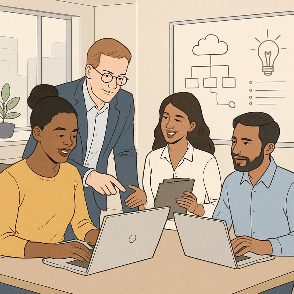 A group of professionals collaborating in a modern office, symbolizing the career opportunities available to graduates of online computer science programs. Career opportunities for online computer science program graduates.