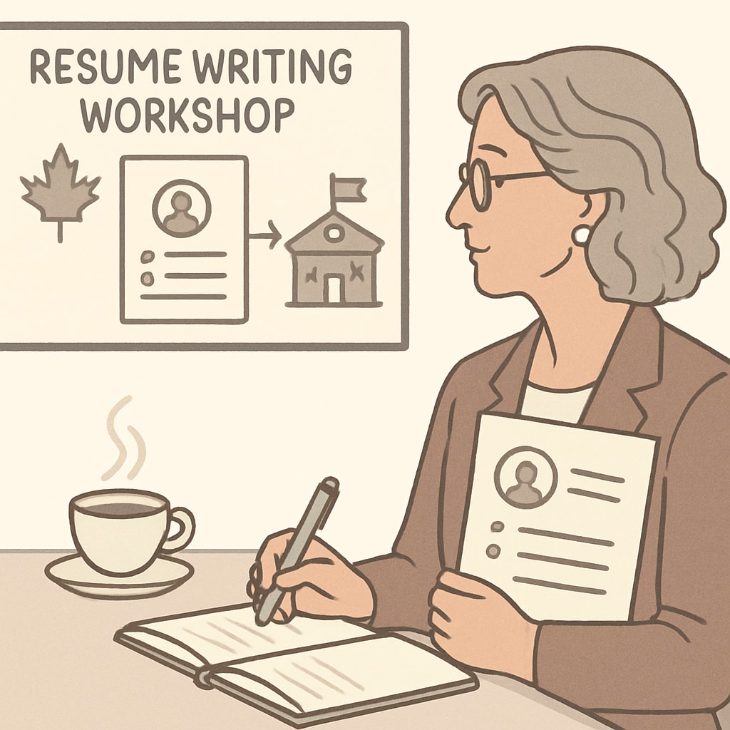 An educator attending a resume writing workshop, taking notes on how to tailor their application for Canadian schools. An educator learning resume strategies for Canadian schools.