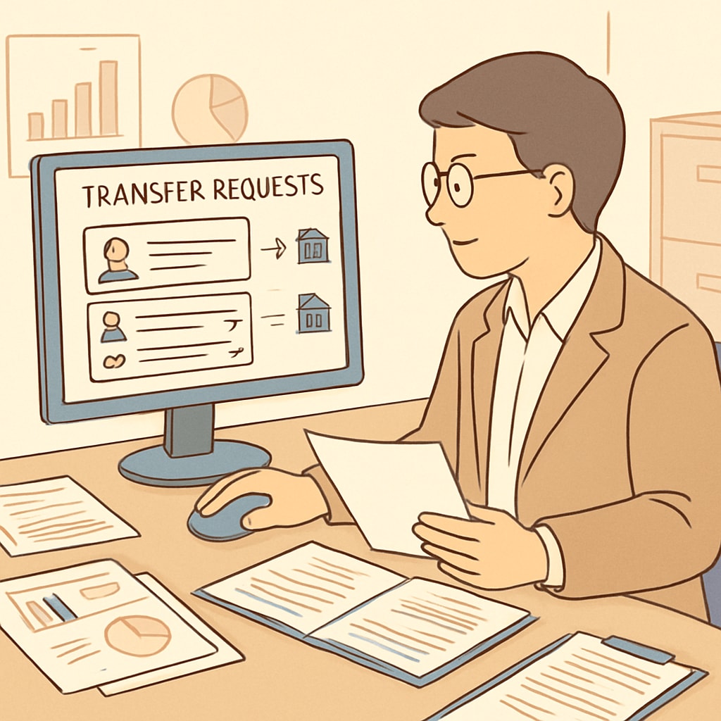 An educational administrator working on a digital platform to process school transfer requests efficiently. Administrator using technology to streamline school transfer applications.