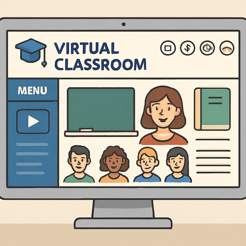 A virtual classroom interface displayed on a computer screen, symbolizing online education platforms. Virtual classroom interface for online university students.