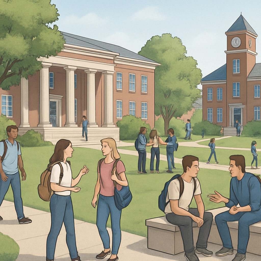 A university campus with students walking and engaging in discussions, symbolizing alternative university options. University campus and flexible admission pathways for A-level students