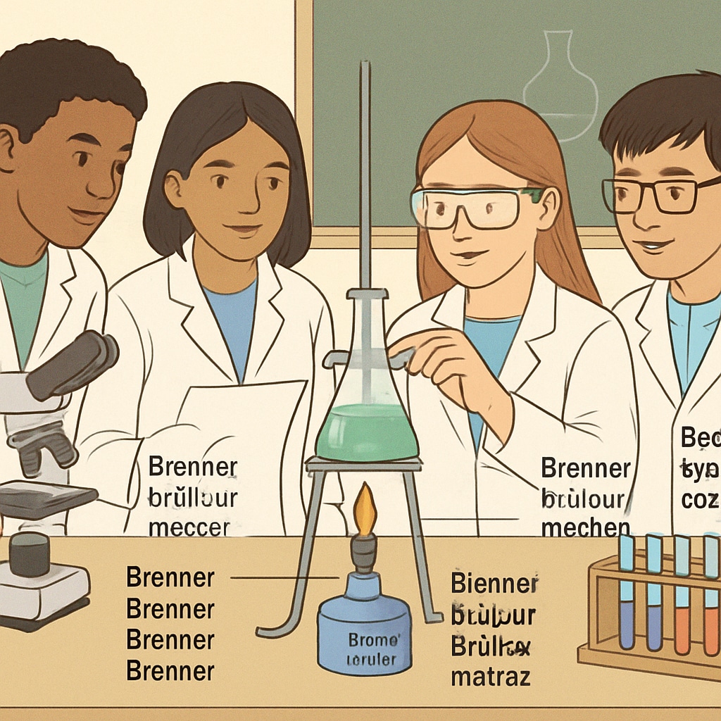 Multilingual labels in a science lab supporting English learners during experiments.