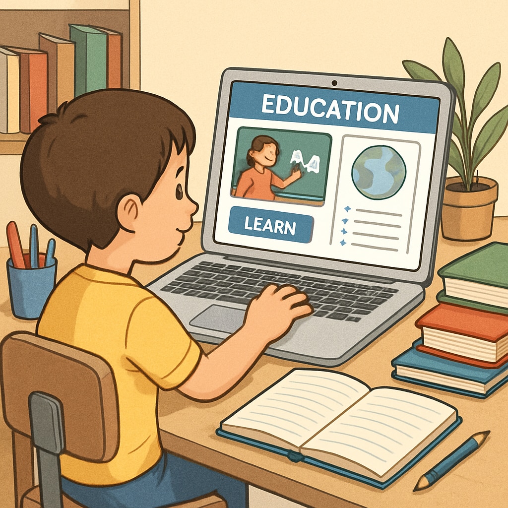 Child learning at home using free educational websites during summer break.