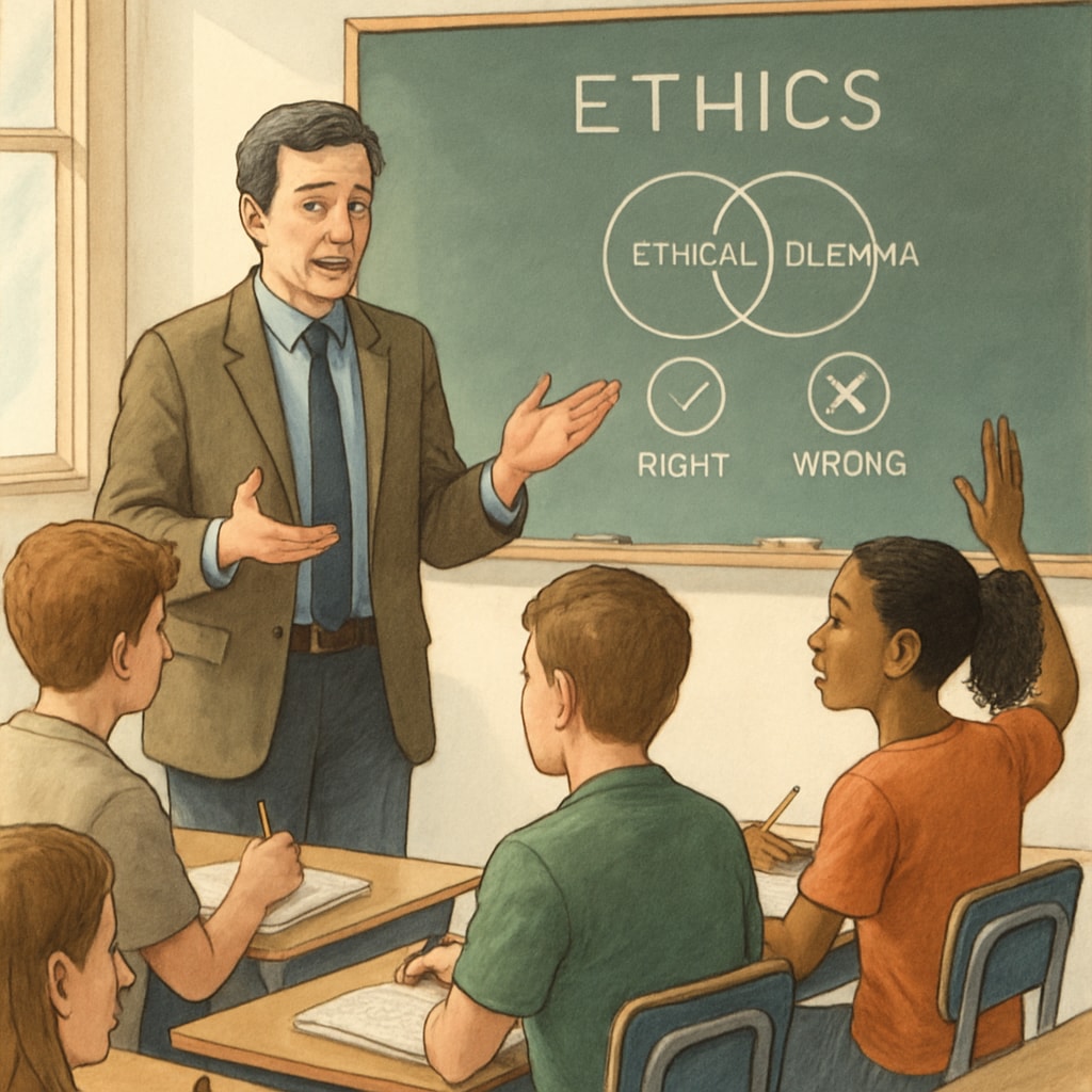 Philosophy teacher leading K12 students in an interactive discussion about ethics.