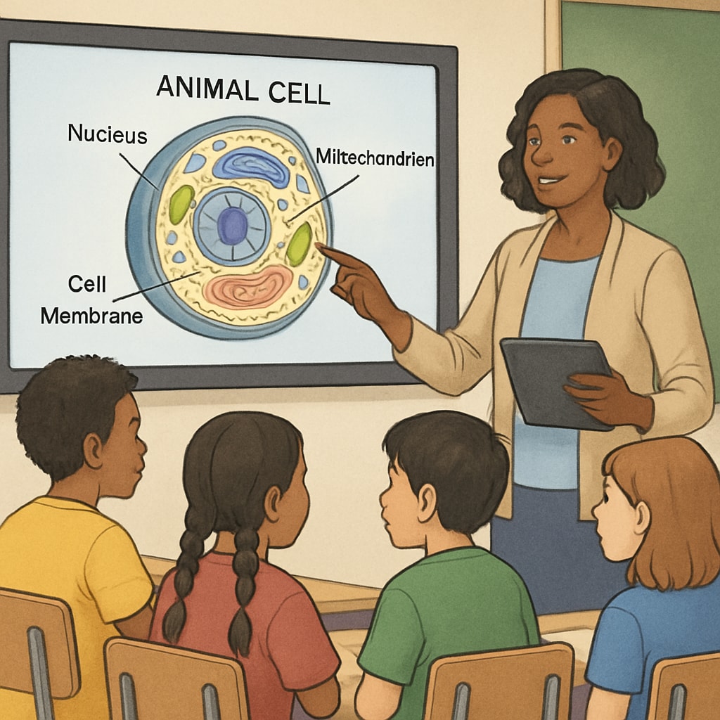 Teacher explaining science concepts using technology, with diverse students in the classroom.