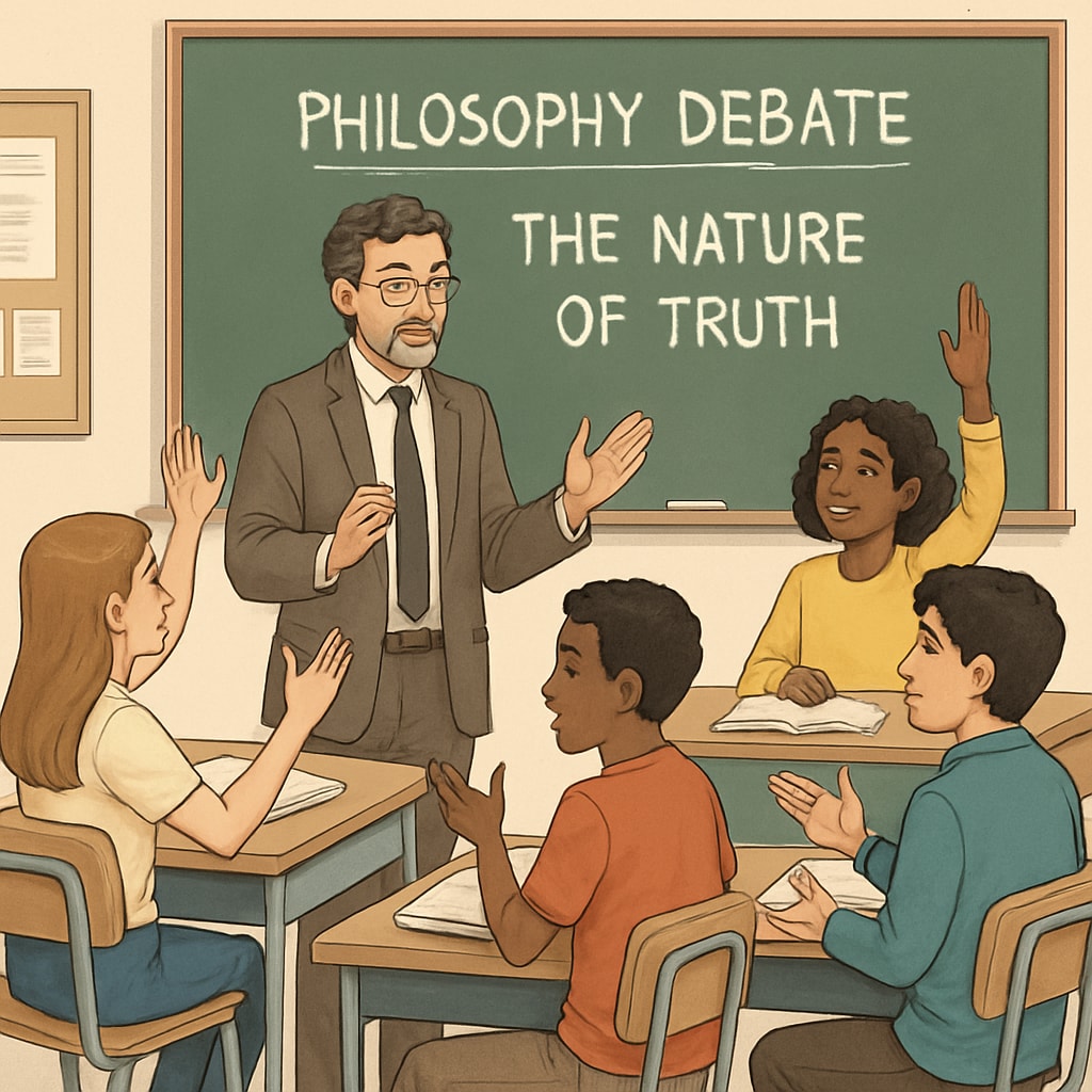 K12 students debating philosophical concepts under the guidance of a volunteer philosophy teacher.