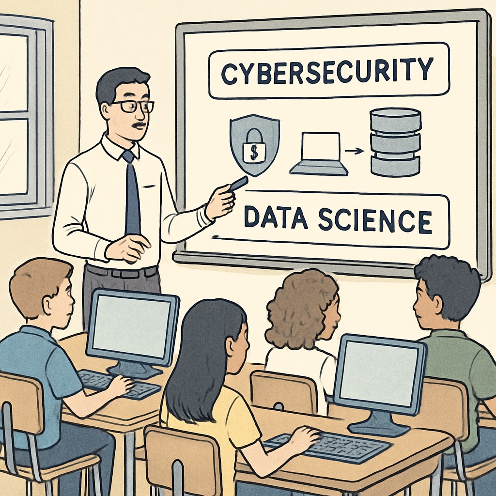 An educational setting where students are engaging with cybersecurity and data science topics, using computers and interactive boards. Students learning cybersecurity and data science in a classroom setting.