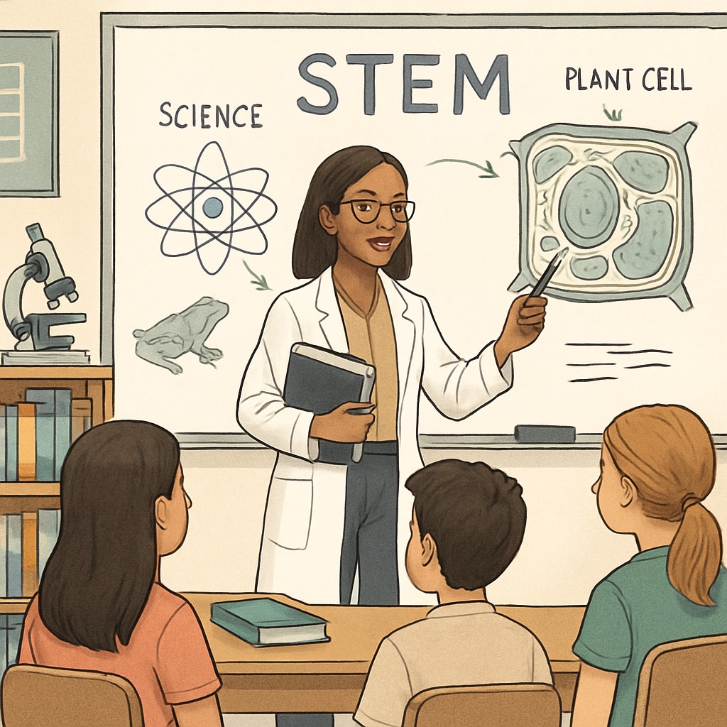 A biology graduate teaching STEM concepts in a classroom.