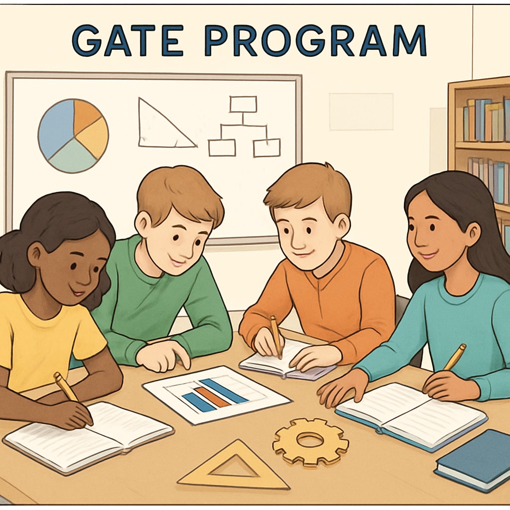 A classroom discussion in a GATE program, with students engaged in a collaborative project. GATE program students working on a group project