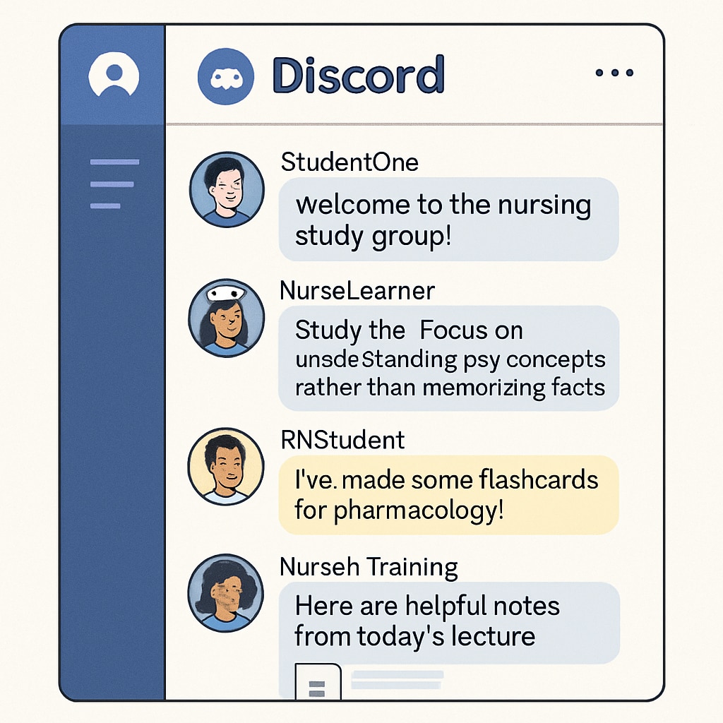 A screenshot of a Discord nursing study group with users sharing study tips and resources Nursing students sharing study tips and resources in a Discord group