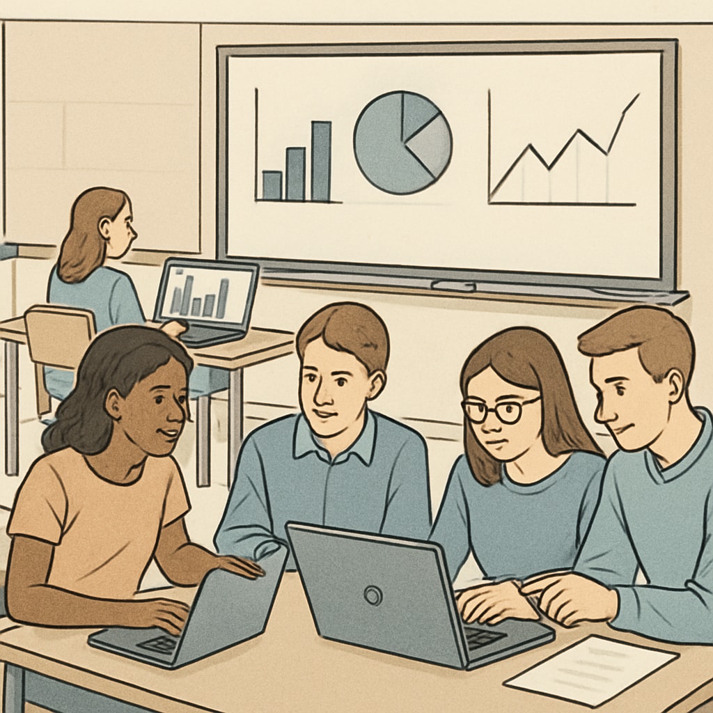 A classroom where students are working collaboratively on data science projects using laptops and visualized graphs. Students collaborating on data science projects in a modern classroom.