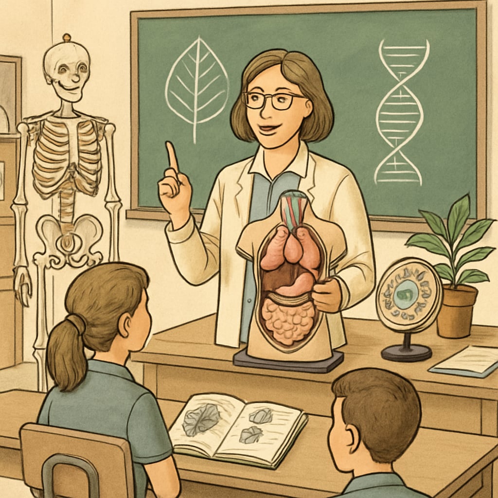 A teacher demonstrating biology models to students in a STEM classroom.