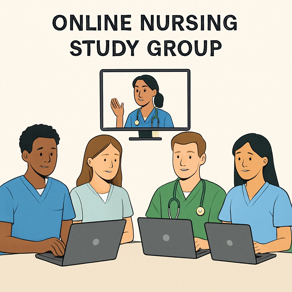 A digital illustration of students using laptops and joining an online nursing study group Students participating in an online nursing study group
